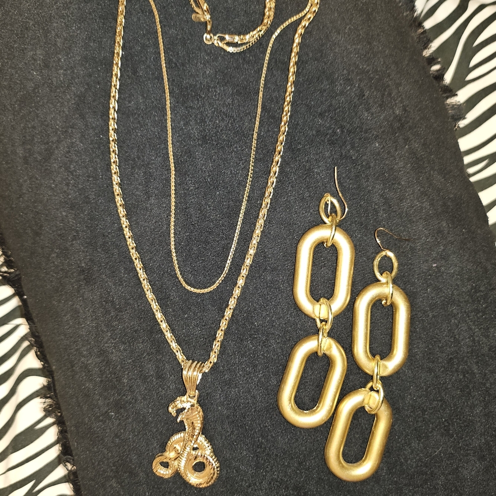 Gold Snake Pendant Necklace and Earrings Set